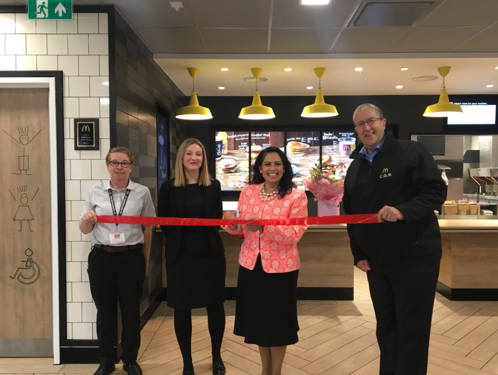 Backing local business: Priti opens the newly refurbished McDonald’s in Tollgate