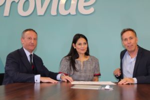 From left, Derrick Louis, Chairman of Provide, Witham MP, Priti Patel and John Niland, CEO of Provide during their meeting.