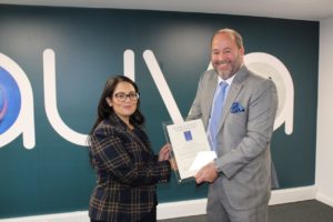 Priti Patel MP presents Graham O’Geran, Business Development Manager with the UKAS Certificate confirming their accreditation.