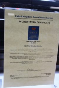 The certificate awarded to Auva Certification Ltd by UKAS.
