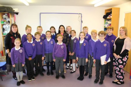 Priti Patel at the Soaring High Montessori Primary School, Coggeshall, with year 5 & 6 pupils and their teachers