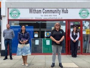 From left: Bradley Quirk from FareShare, Priti Patel MP with Tina Townsend from The Witham Hub & Witham Community Fridge.