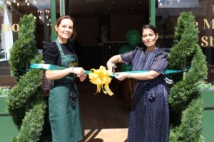 Priti Patel MP with Proprietor Lucy Nice at the ribbon cutting opening ceremony for Pollys Pie & Mash