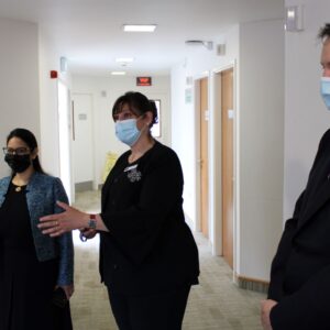 Priti Patel MP with Dr Andy Jones (CEO) and Amy Simpson (Hospital Director) during her tour of Oaks Hospital, Colchester.