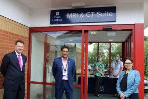 Priti Patel MP with Dr Andy Jones (left) and Professor Tan Arulampalam, Consultant General Surgeon and Oaks Hospital Clinical Governance Chair outside the MRI and CT suite at Oaks Hospital, Colchester.