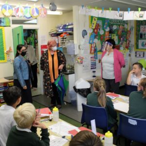 Priti Patel visits a classroom at Powers Hall Academy with Jane Bass, CEO of Connected Learning (centre).