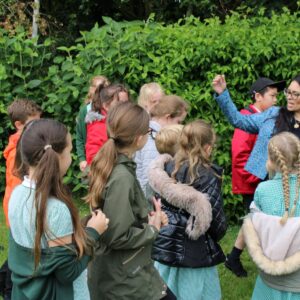 Priti Patel with Powers Hall Academy pupils during her tour of the school’s grounds