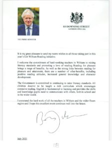 The letter from the Prime Minister in support of Get Witham Reading 2021