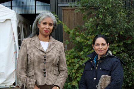 Priti Patel MP with Blondel Cluff CBE, Chair of the National Lottery Community Fund, during the tour of Lauriston Farm.