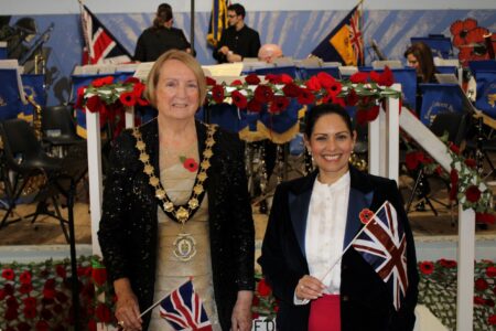 Priti with Witham Town Mayor, Cllr Angela Kilmartin, at the Poppy Prom 2021.