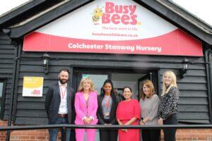 Priti Patel with the Busy Bees team from left Mathew Labaki – Operations Director, Karen Mackay MBE – Head of External Strategy, Marcia Brown – Area Director, Marg Randles OBE – Co-Founder of Busy Bees and Gina Curry – Centre Director.