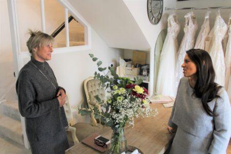Priti Patel MP gets a business update from Linda Thomson proprietor of the J’Adore Bridal Boutique, Coggeshall