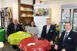 Priti Patel with the Barclays community banking team, from left Stuart Pugh - Customer Care Leader, Terry Staff – Regional Director and Ian Lovelock – Community Banking representative