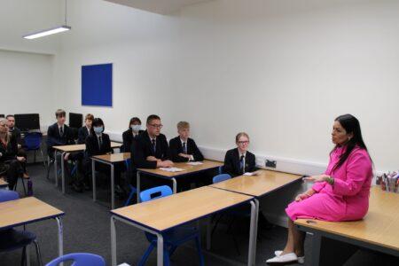 Priti Patel MP with GCSE Citizenship students at The Stanway School