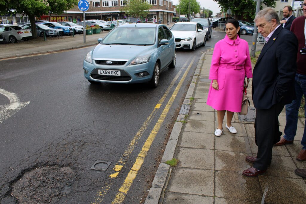 Priti Patel MP and ECC Cabinet Member for Highways meet in Tiptree to inspect the Village’s deteriorating roads