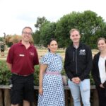 Tanya makes her way into the outdoor elephant enclosure (background). Priti Patel with (from left) Andy Moore – Conservation Education Manager, Andrew Hall – British & Irish Association of Zoos & Aquaria and Rebecca Moore – Zoo Director.