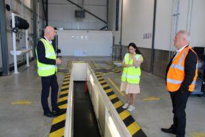 Priti Patel MP inspects the new HGV MOT testing lane at Motus Truck & Van, Witham with (left) General Manager for North Essex Scott Fogharty and Lee Seward, Managing Director.