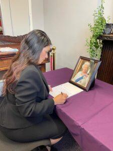 Witham MP Priti Patel signing the book of condolence for the late Queen Elizabeth II at Witham Town Hall on Sunday