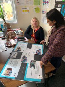 Priti and Carrie Chesterton look over the All-In Isolation Team’s key objectives board