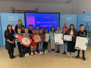 Priti Patel MP with pupils and staff from Kelvedon St Marys Church of England School, at the ‘Be Internet Legends’ online safety assembly.