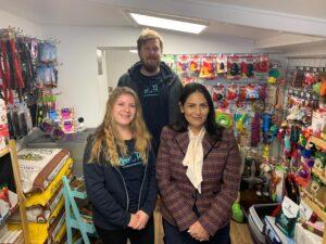 Priti with Hannah Thompson and Paul Hayward, MDs of Woof & Purr inside their new store.