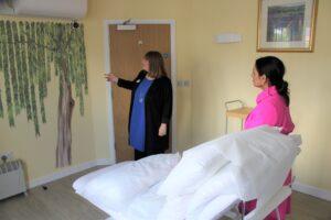 Priti with Hazel Keane, Support Services Manager during her tour of the Helen Rollason Cancer Support Centre in Hatfield Peverel.