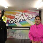 Priti with Clare Scammell proprietor of GKs Graphics in the GKs studio and print room.