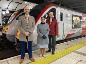 Priti Patel MP with Martin Beable, Greater Anglia’s Engineering Director (left) and Jonathan Denby Head of Corporate Affairs, alongside one of the company’s new trains.
