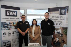 Priti Patel MP with Michael Bailey Group Chairman (left) and Mark Bailey Managing Director of EBM Managed Services.