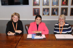 Priti Patel MP with Nic O’Brien, Home-Start Essex, Chief Executive (left) and Chair, Sarah St-Pierre, during their meeting on 24th February 2023.
