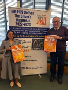 Priti campaigning for fuel duty to be frozen alongside Howard Cox, founder of the FairFuel UK campaign.