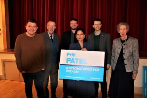 Priti with the officers of the Witham Constituency Conservative Association at the selection meeting where she was unanimously re-adopted as the Witham candidate.  Left to right:  Toby Williams, Henry Bass, Rob Ferne, Ross Playle and Julia Peel.