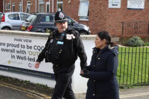 Priti Patel on the beat in central Witham locations with S/Sgt Simon Jesse.
