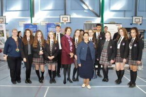 Priti Patel MP with the Head Teacher, Sherry Zand and the Maltings Academy students who helped run the 2023 Careers Fair.