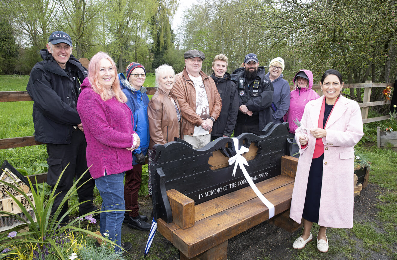 Priti Patel MP at the opening of the new memorial bench on the River in Coggeshall. From left: PC Mathew Harkness, Elaine Kelleher, Julie Whitney, Dee Griffiths, Dave Griffiths, Zachary Woods, PC Jed Raven, Mary Taylor and Jane Sharp.