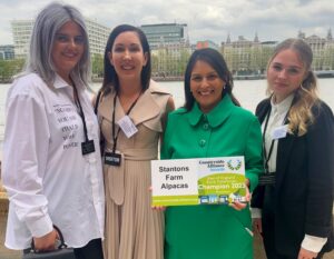 Priti Patel MP with from left Jessica Roots (Stantons Farm Manager), Petrina Tungatt (owner) and Felicity, who works at the farm