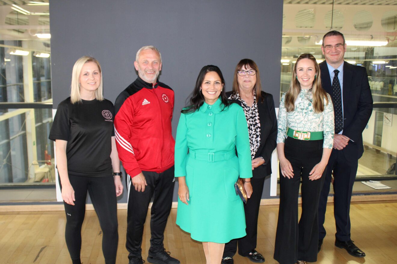 Priti with from left: Fusion’s Women’s self-defence instructor, Veronika Abrahams, David Wilson, Chief Instructor at Braintree Martial Arts Centre, Cllr Lynette Bowers-Flint, Catherine Forsyth, Fusion’s Sports & Community Development Officer and Cllr Kevin Bowers.