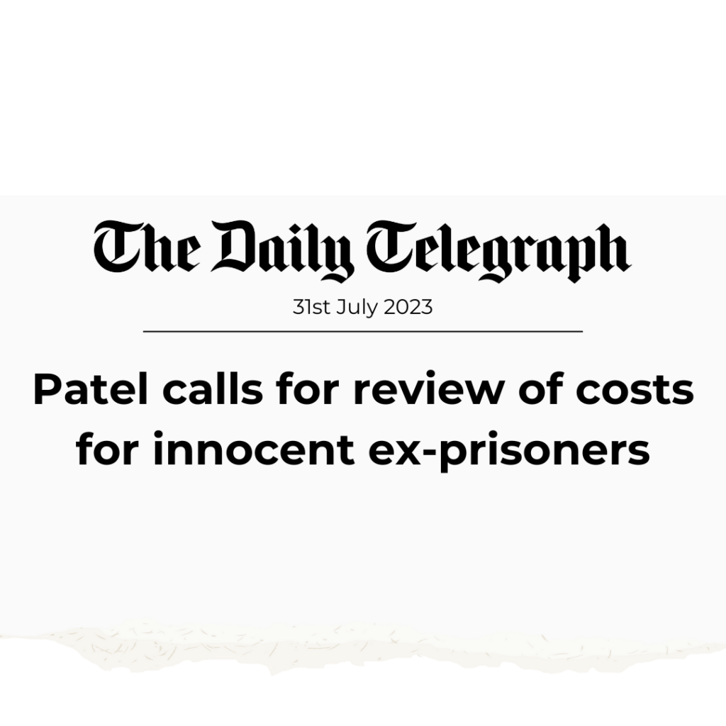 Patel calls for review of costs for innocent ex-prisoners