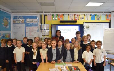 Priti with year 3 students during her visit to Elm Hall School